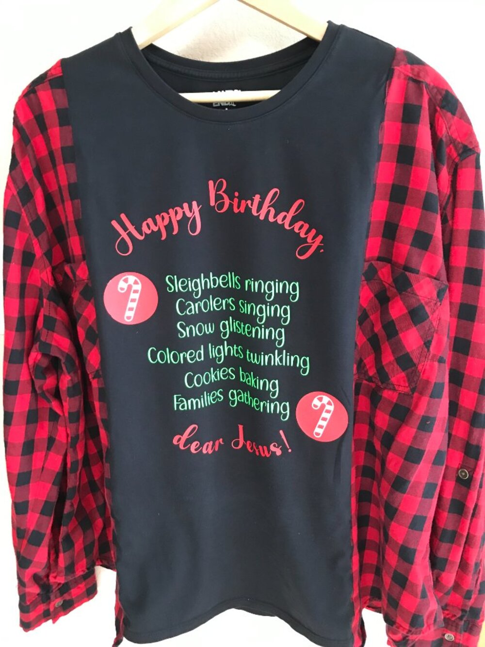 Upcycled Holiday Flannel Shirt, Oversized Plaid Christmas Graphics, Sz L XL 2XL